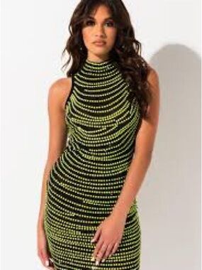 AKIRA Neon Yellow Studded Bobycon Mock Neck Mini Dress New With Tags Medium